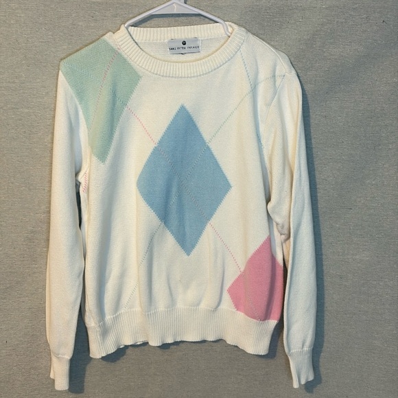 Saks Fifth Avenue Sweaters - Vintage Saks Fifth Avenue Womens‎ Sweater Large White Argyle Cotton USA Preppy